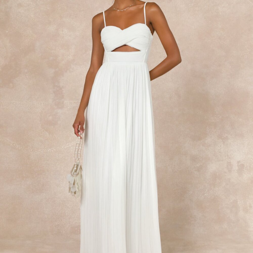 Lulus Glorious Elegance White Pleated Sleeveless Lace-up Maxi Dress - Size L